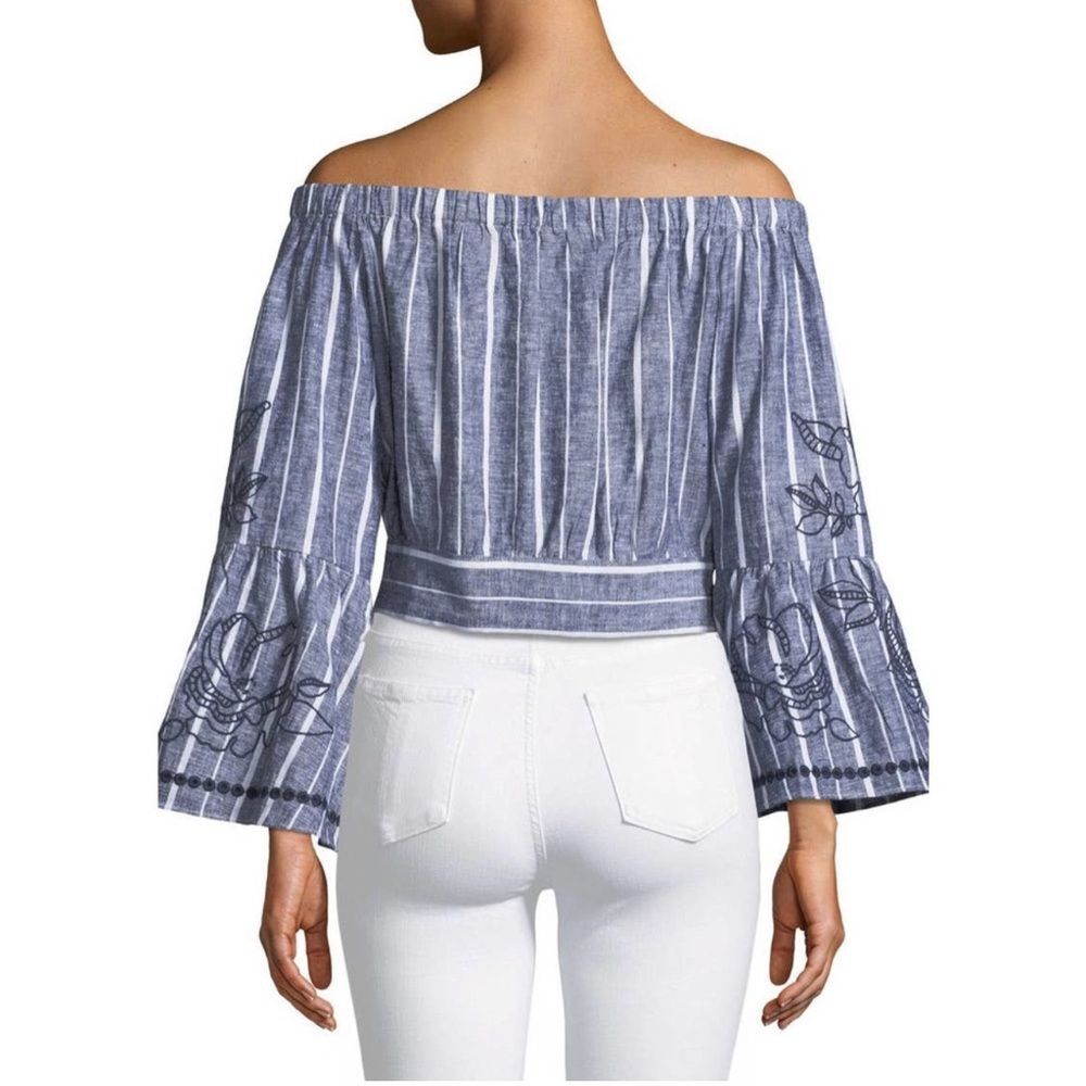 Parker Georgina Blue White Stripe Off-Shoulder Peasant Top S Revolve Cropped - Picture 2 of 11